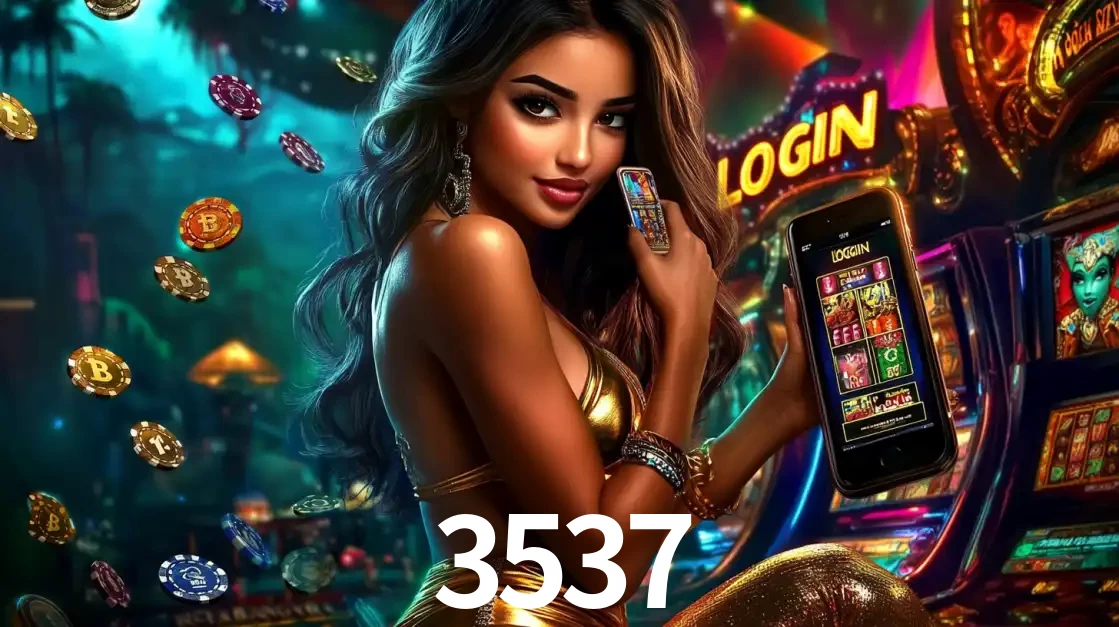 Mulher em um cenário de cassino temático de aventura, mostrando o app de caça-níqueis da 3537 no celular. Fichas de apostas flutuam ao redor.