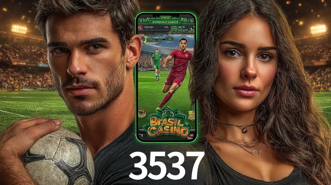 Homem segurando uma bola de futebol e uma mulher ao lado de um smartphone exibindo o jogo de apostas esportivas da 3537. Faça seu palpite no cassino online.